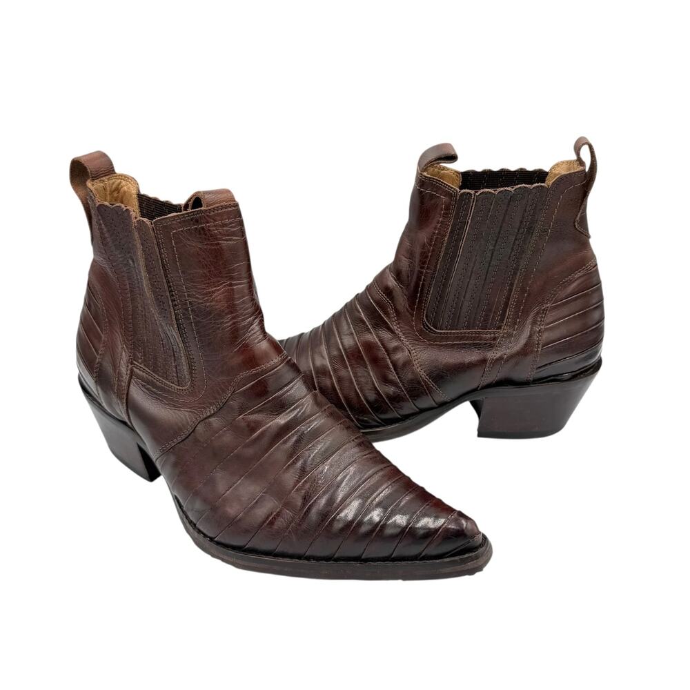 El Padrino Men's Dark Brown Leather Textured Pointed Toe Short Western Boots